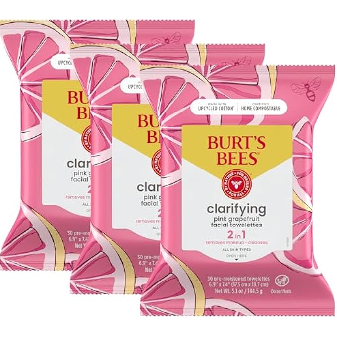 Burt's Bees مناديل الوجه، تنظيف الوجه، مناديل إزالة المكياج للبشرة العادية إلى الدهنية مع جريب فروت وردي، 30 قطعة (عبوة من 3) (قد يختلف التغليف) - Image 1